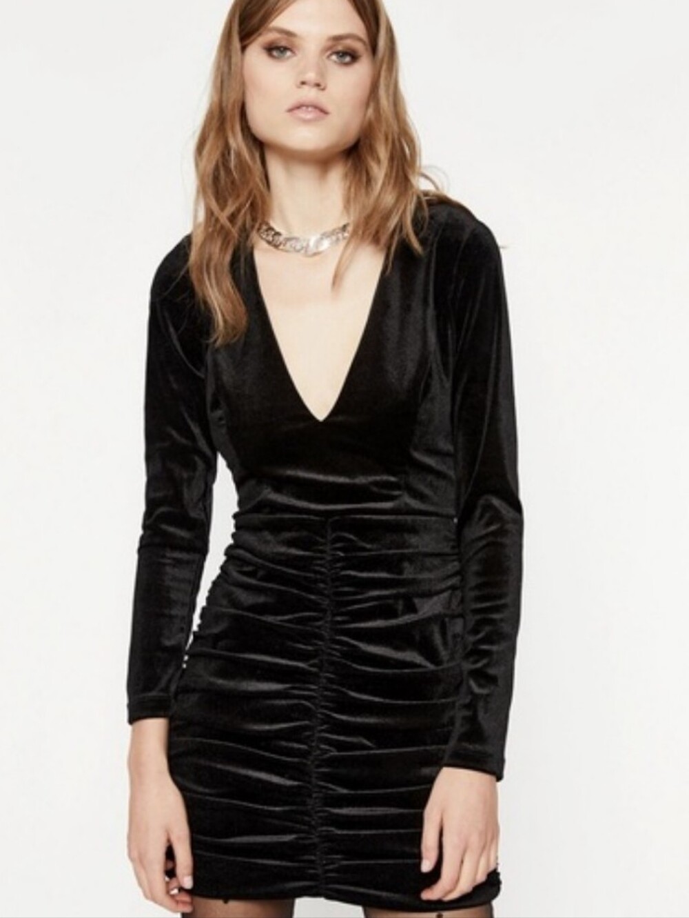 Bardot Black Velvet V-Neck Ruched Mini Dress